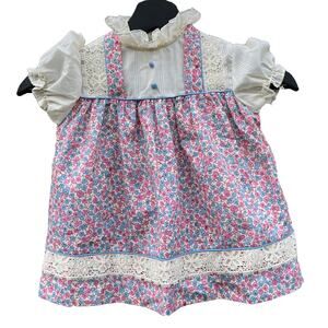 Vintage Floral Dress, Pink and Blue Ditsy Floral Print with Lace, 2T Girls